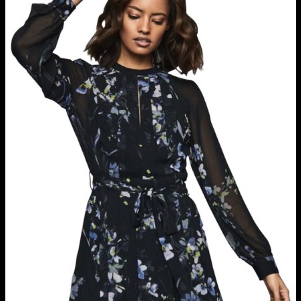 Reiss Navy Blue Floral Nettie Dress